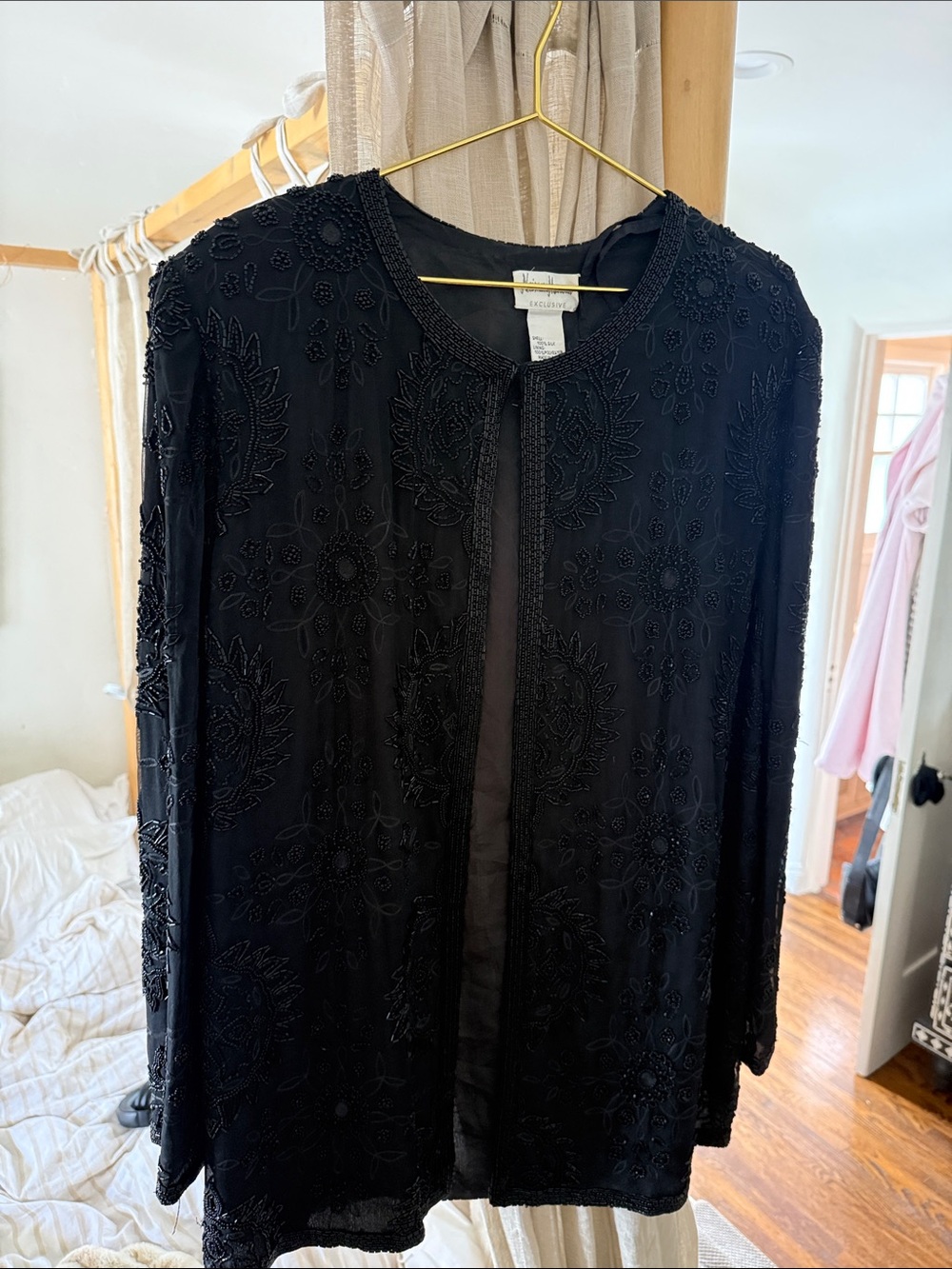 Neiman Marcus Black Beaded Embroidered Open Cardigan - Picture 3 of 5